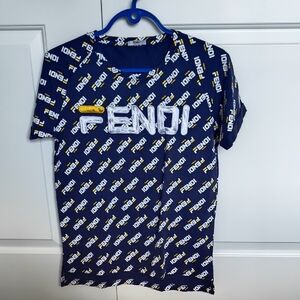Fendi Navy All-Over Logo Short Sleeve Tee with Yellow Accents
